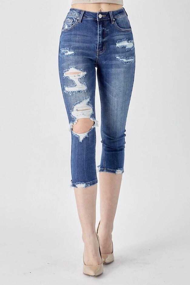 HIGH-RISE DISTRESSED CAPRI IN DARK WASH, Dark Wash / Dark Wash, hi-res image number null
