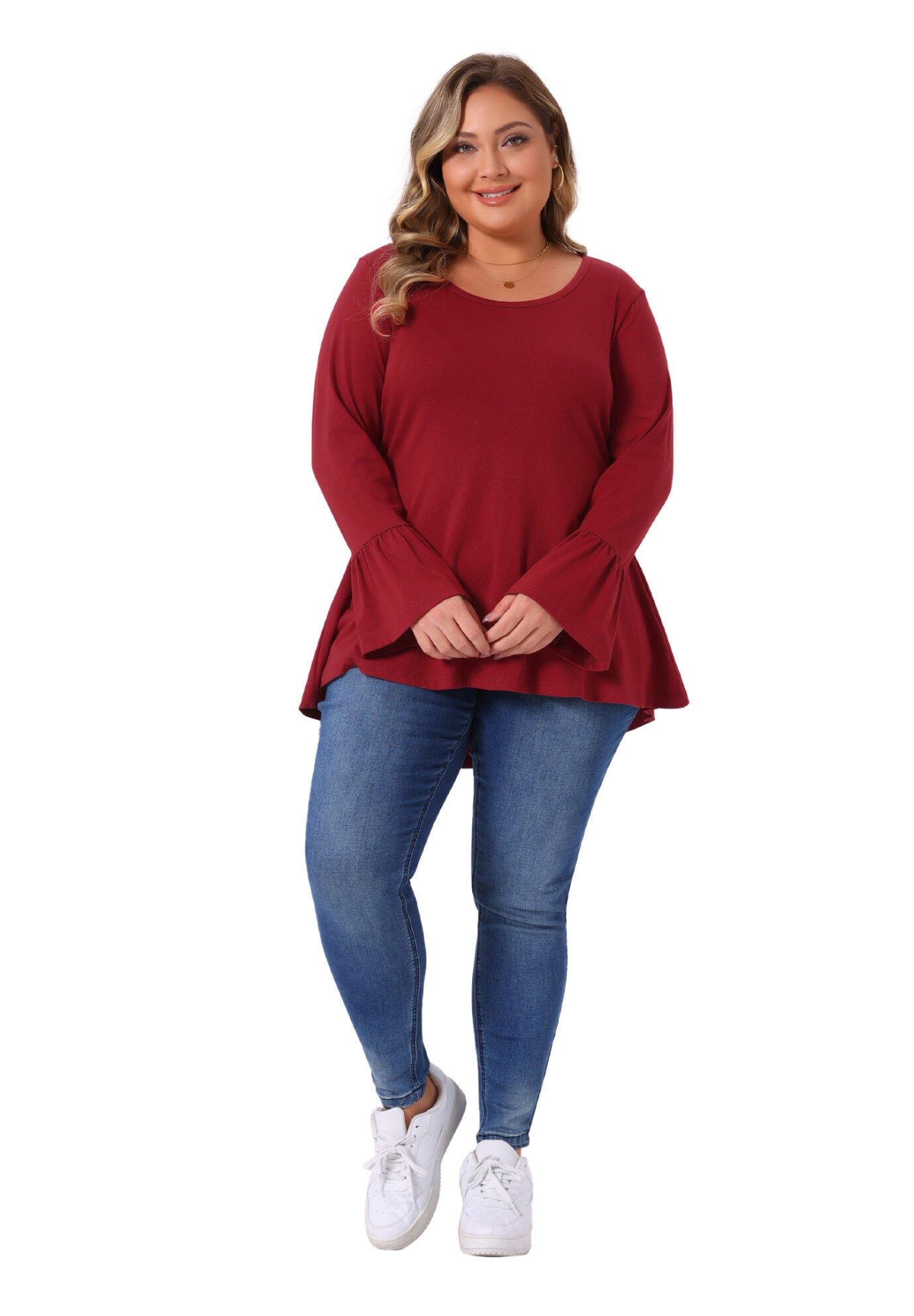 Crew Neck Bell Sleeve High Low Hem Blouses, Burgundy / Burgundy, hi-res image number 0