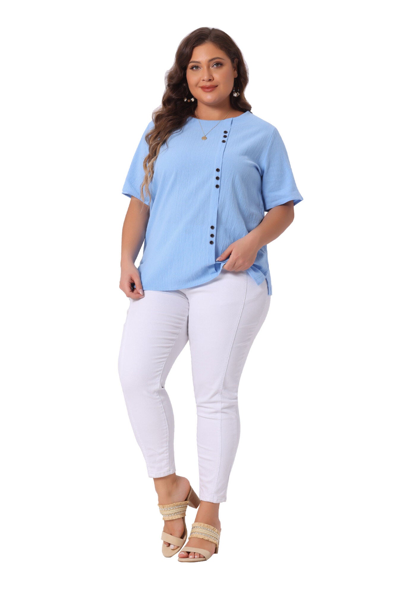 Short Sleeve Round Neck Cotton Linen T-Shirt Top, Sky Blue / Light Blue, hi-res image number 0