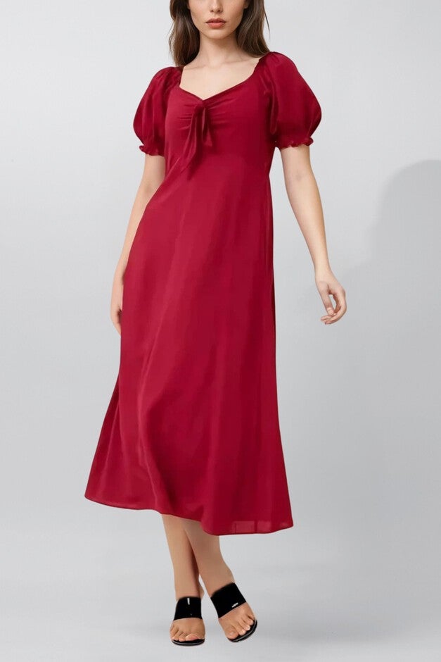 Genevieve Elegant Red A-Line Midi Dress – Puff Sleeve Summer Dress with Tie Front for Women, Red / Red, hi-res image number null