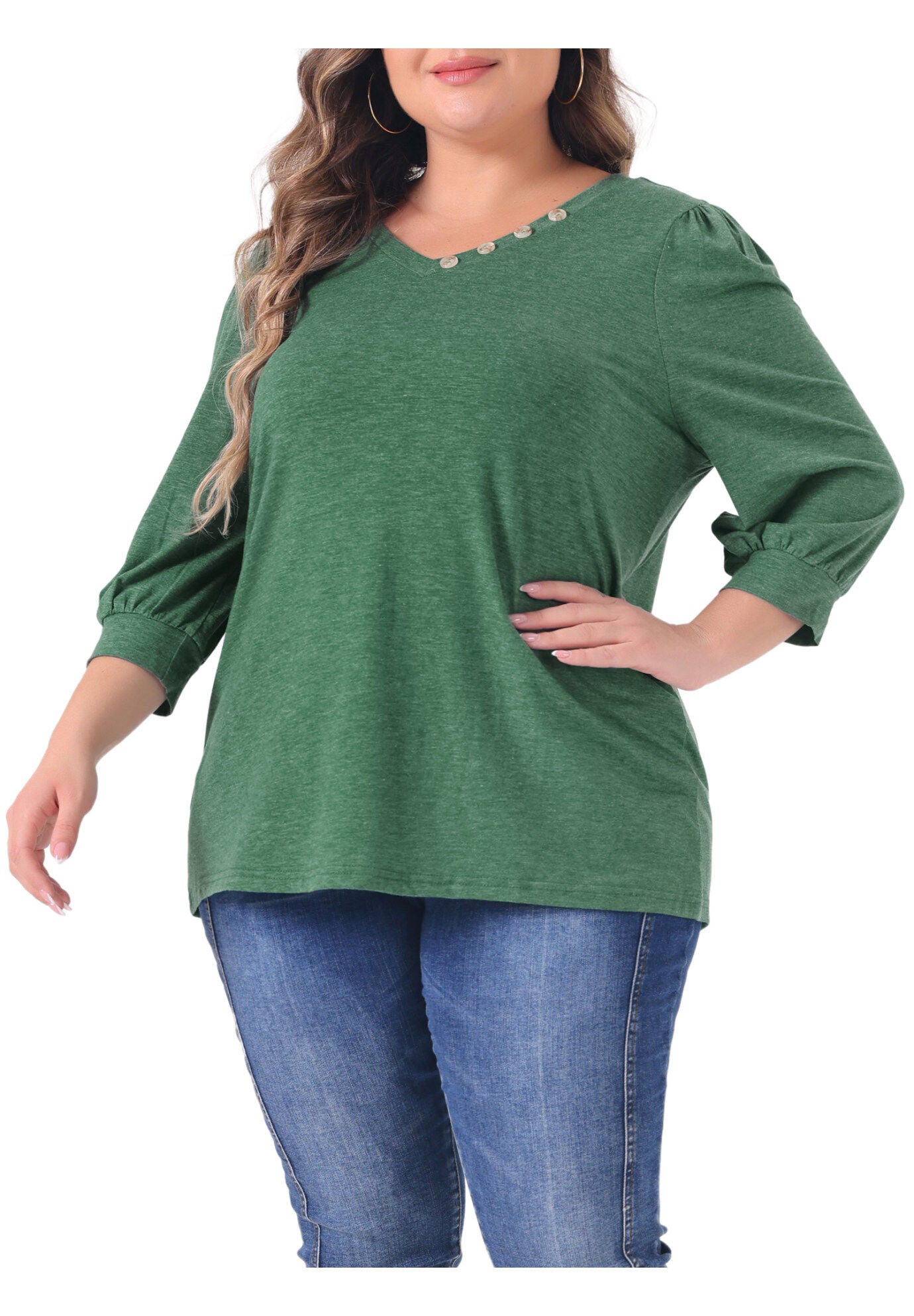 3/4 Sleeve V Neck Button Decor Blouse Shirt, Green / Kelly Green, alternate image number 1
