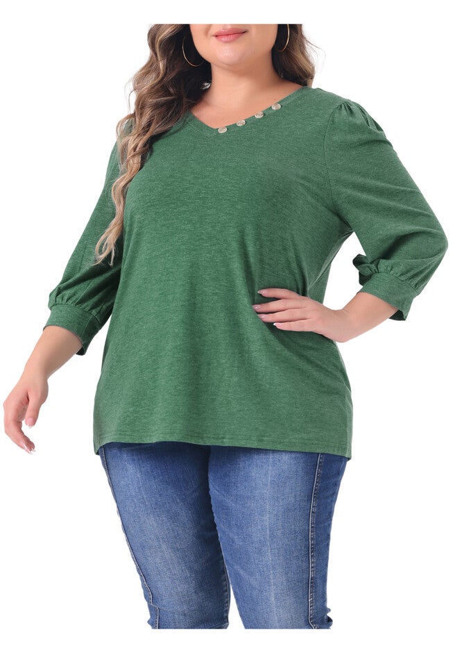 3/4 Sleeve V Neck Button Decor Blouse Shirt, Green / Kelly Green, alternate image number 1