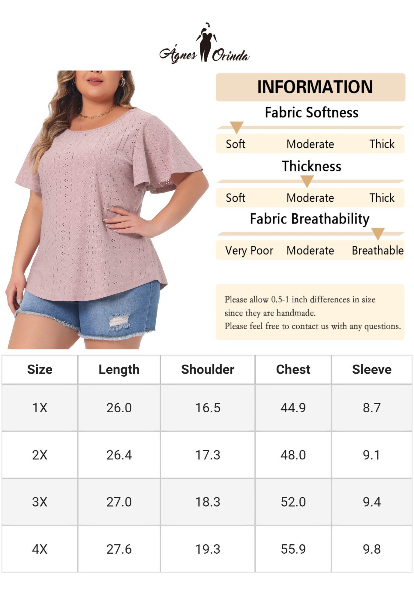 V NECK LOOSE FIT RUFFLE SLEEVE SUMMER HOLLOW TOP, Pink / Pink, alternate image number 4