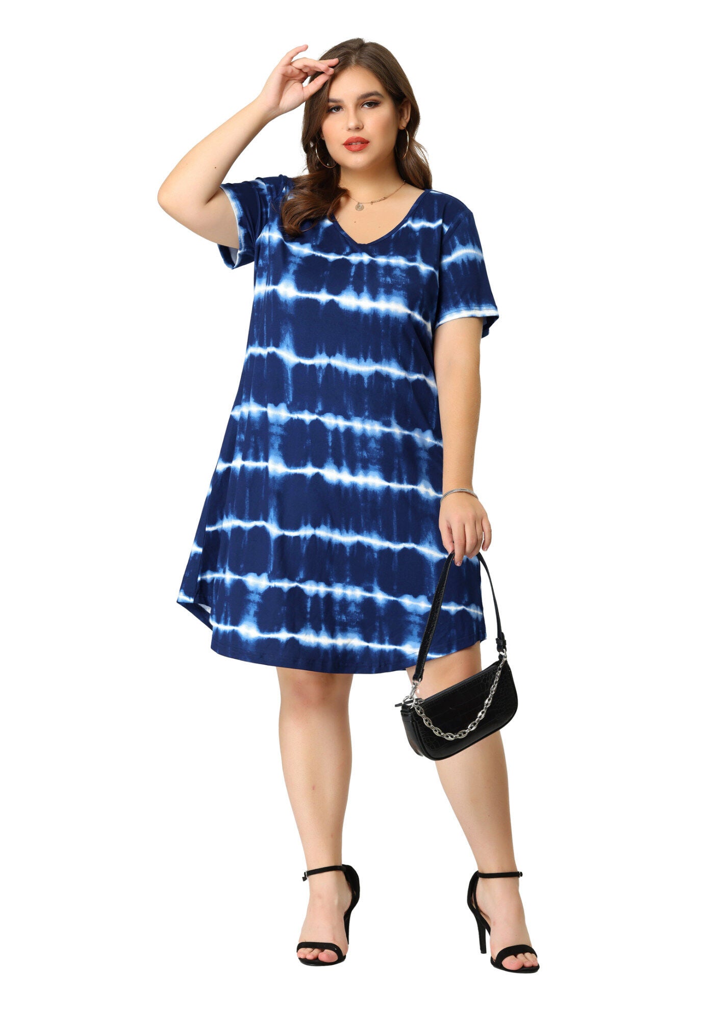 Tie Dye Summer V Neck Short Sleeve Dress, Dark Blue / Navy, hi-res image number 0
