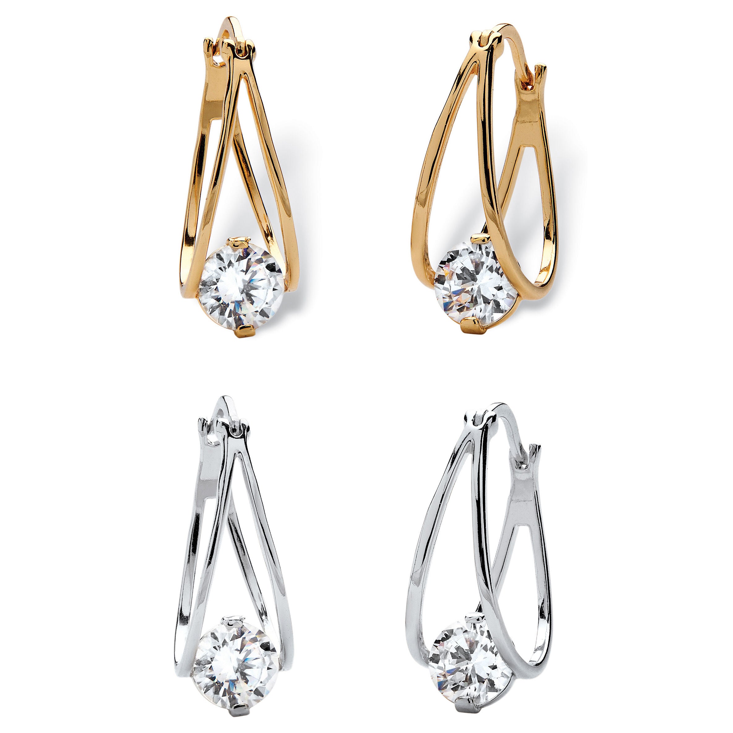 8 TCW Cubic Zirconia Hoop 2-Pair Earrings Set in Silvertone and Gold-Plated, White / White, hi-res image number 0