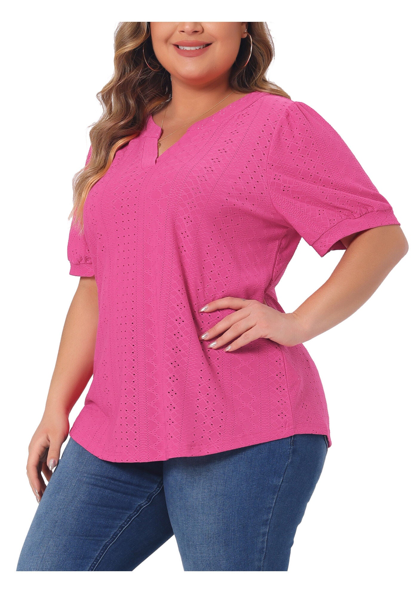 Hollow Casual V Neck Short Sleeve Summer Blouse, Hot Pink / Deep Fuchsia, alternate image number 1