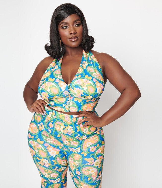 Smak Parlour Plus Size Blue Paisley Floral Mod Print Crop Top, Blue Paisly Floral Mod Print / Azure Blue, hi-res image number null