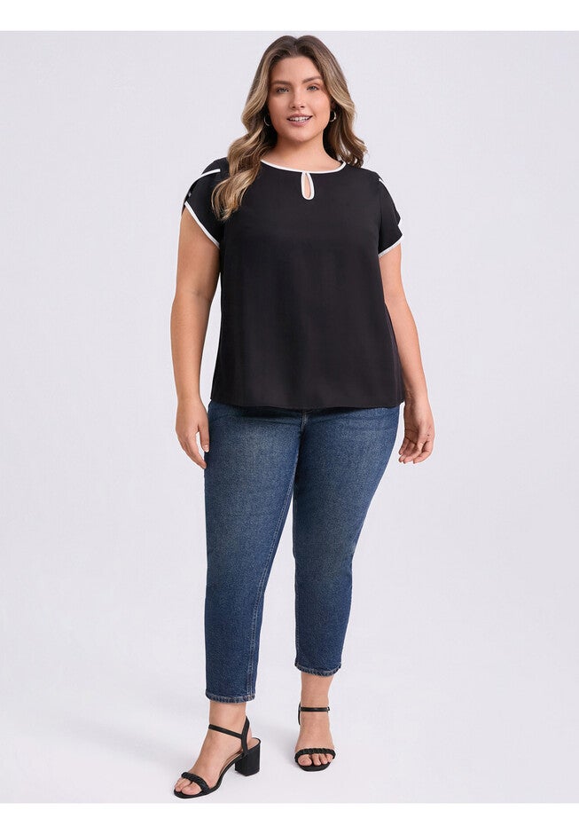 Keyhole Crew Neck Tulip Sleeve Contrasting Colors Casual Blouse, Black / Black, alternate image number 1
