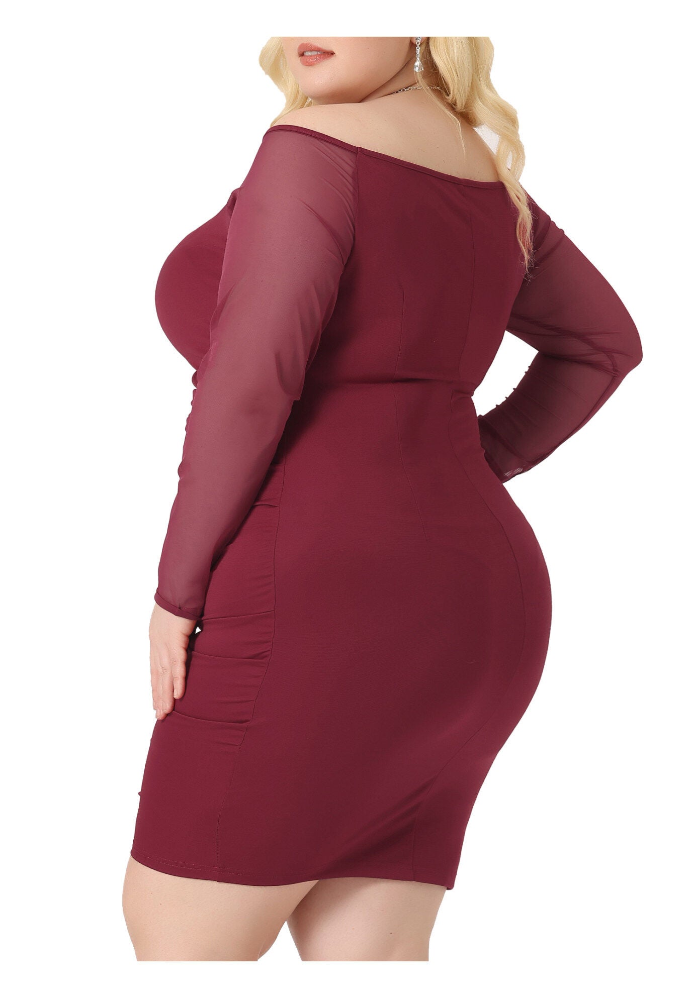 Off Shoulder Mesh Long Sleeve Ruched Cocktail Bodycon Dress, Burgundy / Red, alternate image number 3