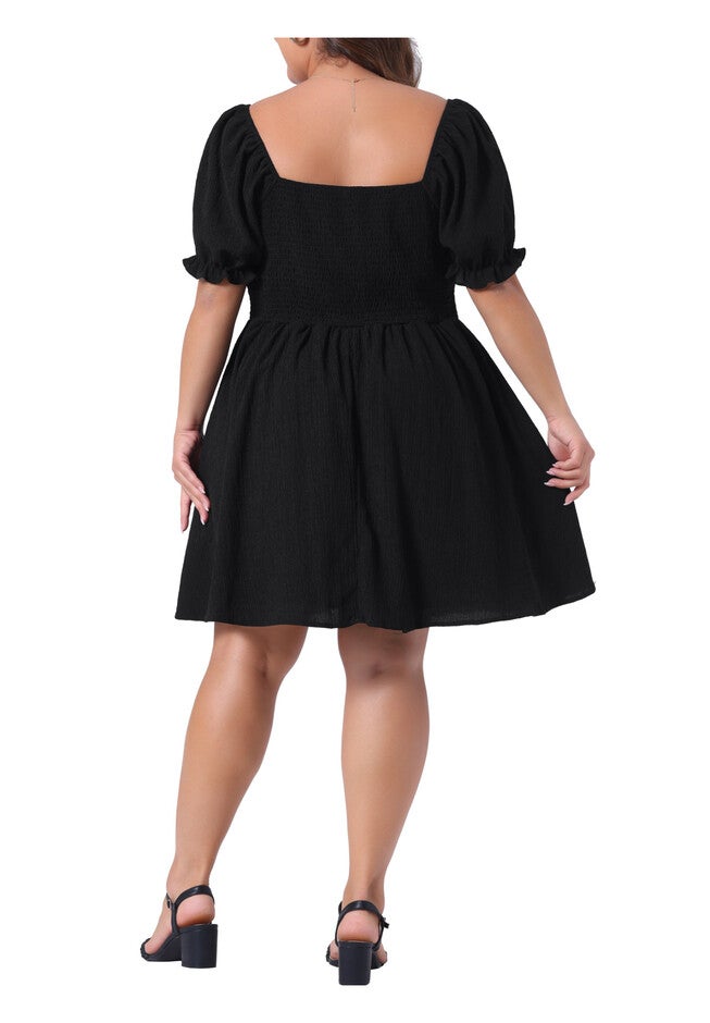 Square Neck Puff Sleeve A-Line Mini Short Dress, Black / Black, alternate image number 1