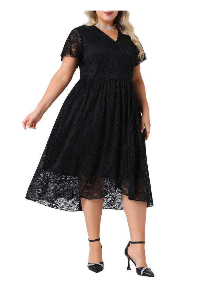 Lace Cocktail Faux Wrap V Neck Short Sleeve Flowy A Line Wedding Guest Midi Dress, Black / Black, alternate image number 4
