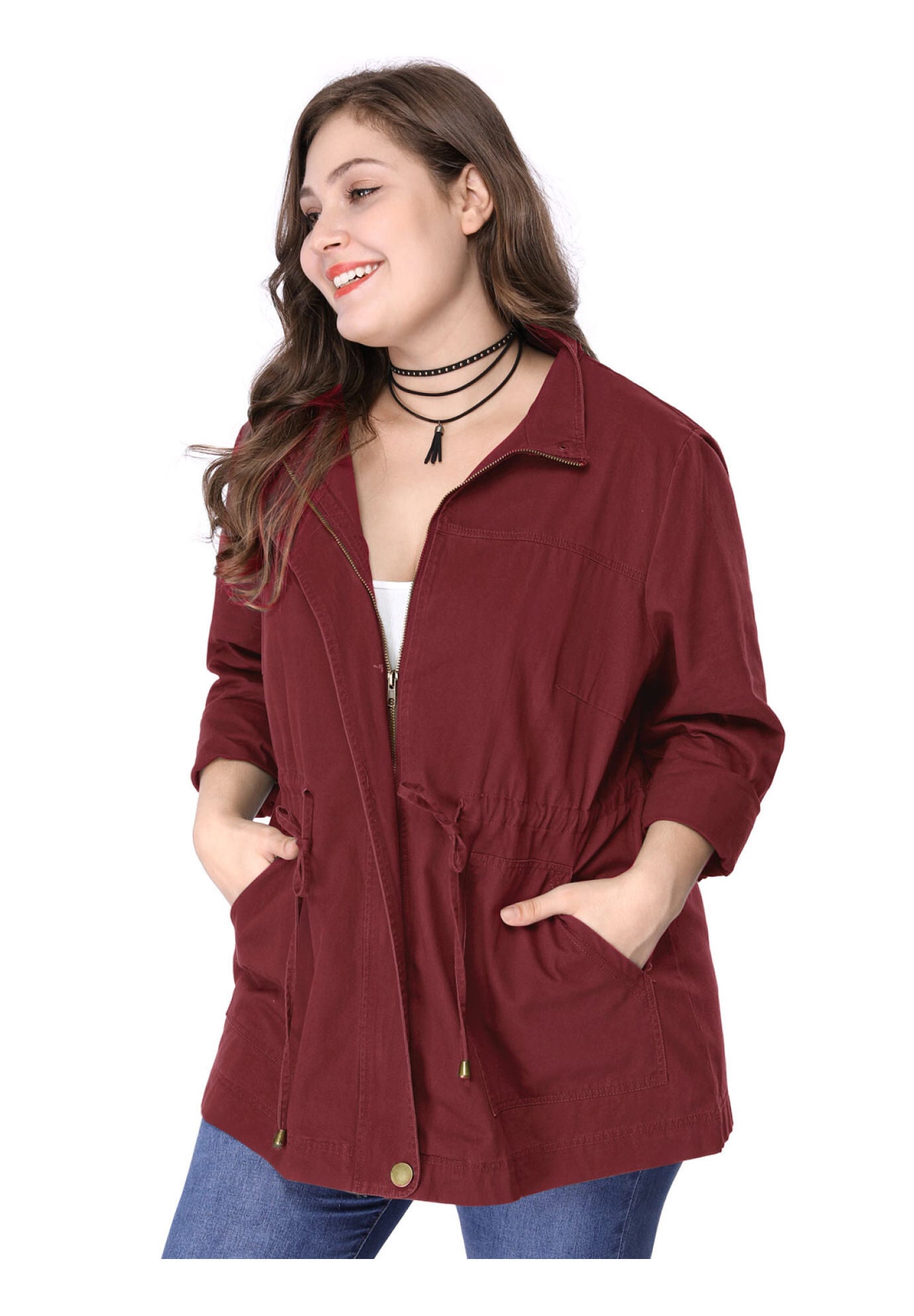 LIGHTWEIGHT ANORAK DRAWSTRING UTILITY JACKET, Burgundy / Red, alternate image number 2