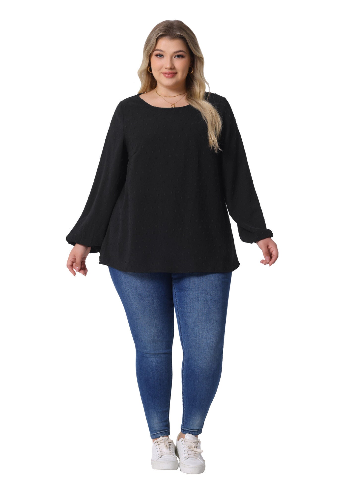 Crewneck Chiffon Blouses Swiss Dots Long Sleeve Top, Black / Black, hi-res image number 0