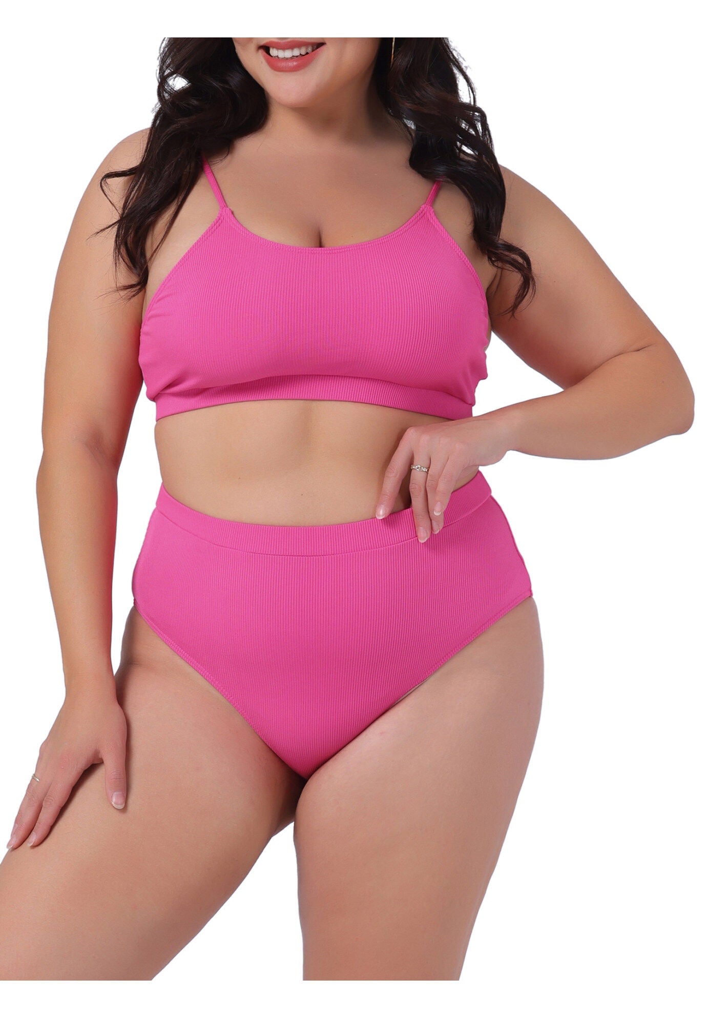 Two Piece Swimsuit Scoop Neck Bikini Bandeau, Hot Pink / Deep Fuchsia, alternate image number 2