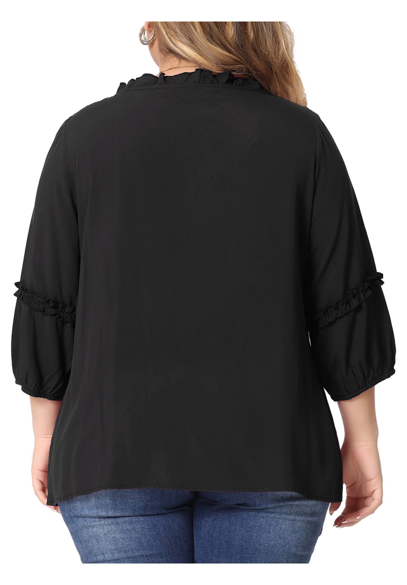 TIE NECK TASSEL SELF FLUTTER 3/4 SLEEVE BLOUSE TOP, Black / Black, alternate image number 2