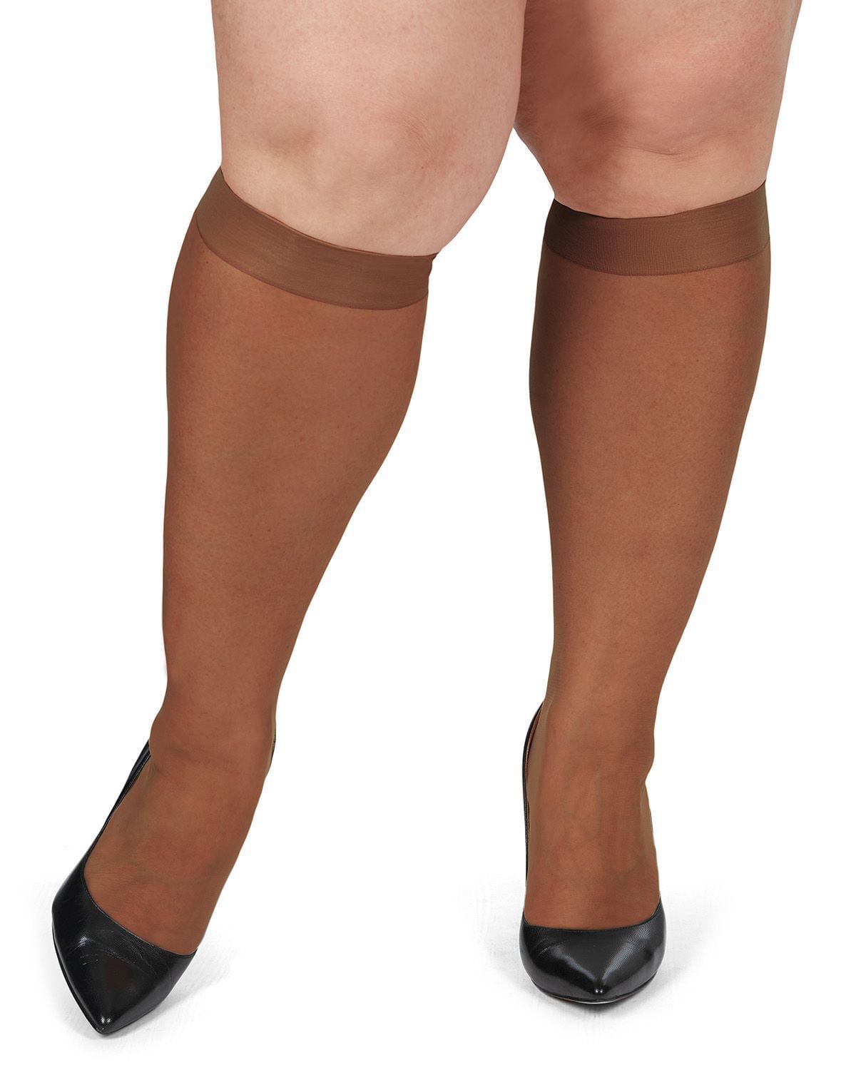 2 Pairs Ultra Sheer Plus Size Curvy Knee High Stockings, French Coffee / Mocha, alternate image number 1