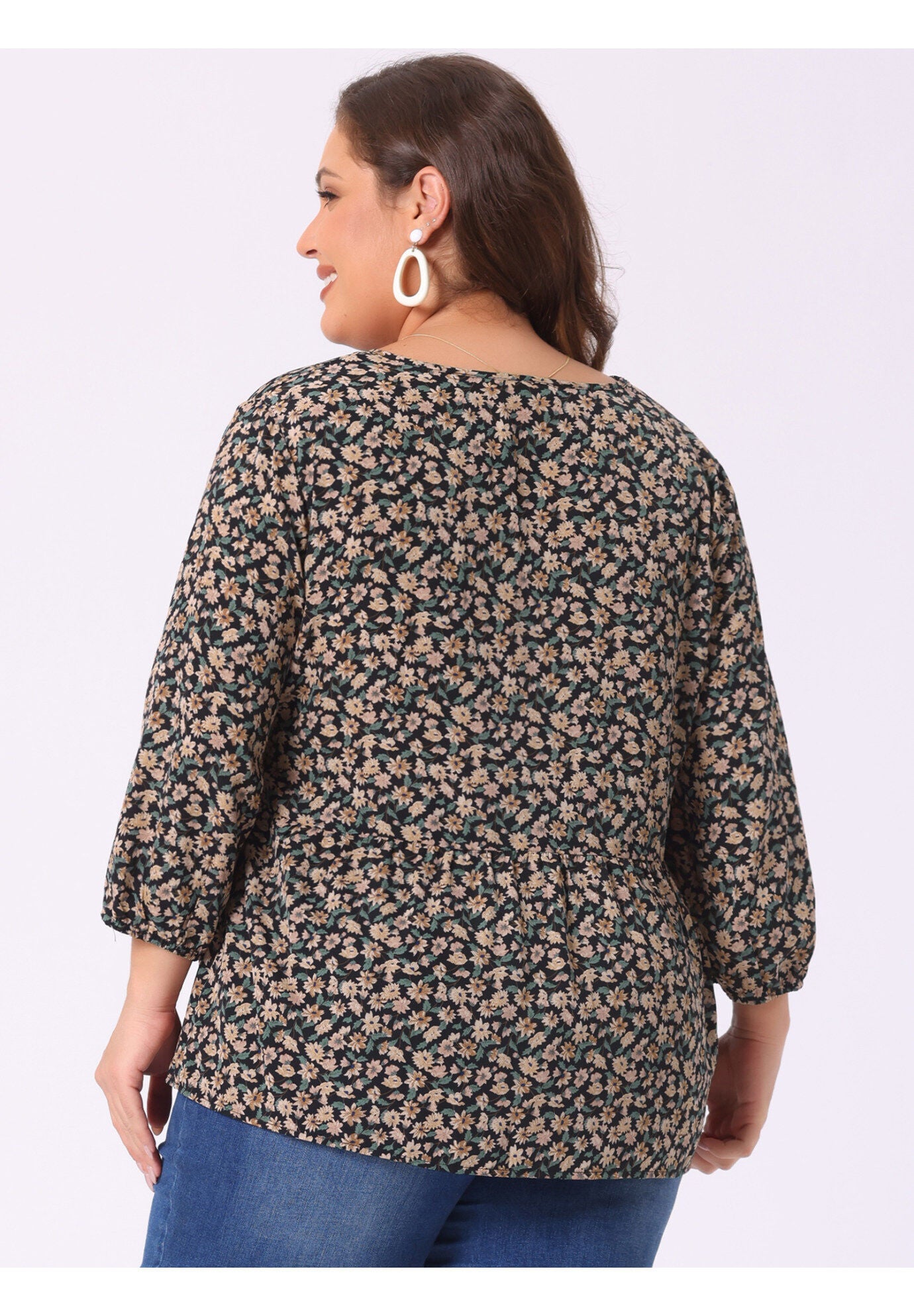 V Neck Babydoll Flowy 3/4 Lantern Sleeve Floral Blouse, Black Orange / Black, alternate image number 3