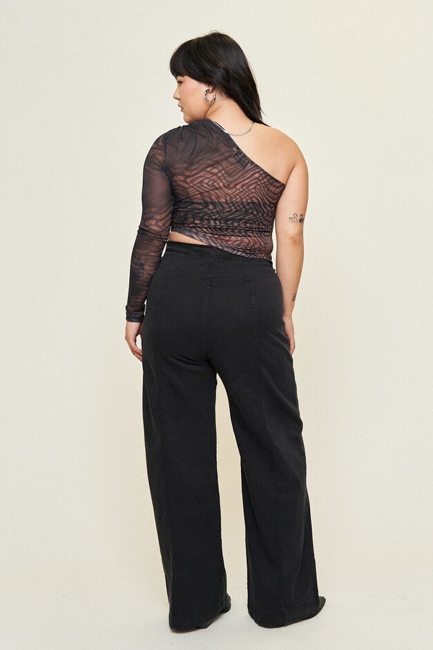 Kendall Mesh Asymmetrical Top, Distorted Plaid / Brown, alternate image number 3