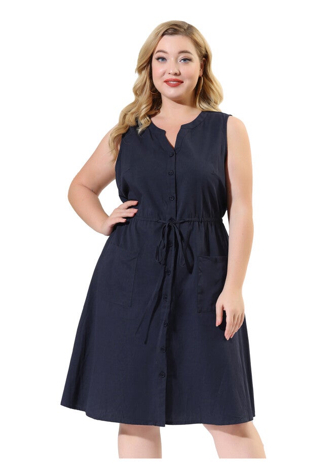 V Neck Sleeveless Pocket Drawstring Waist Midi Work Shirt Dress, Dark Blue / Navy, alternate image number 3