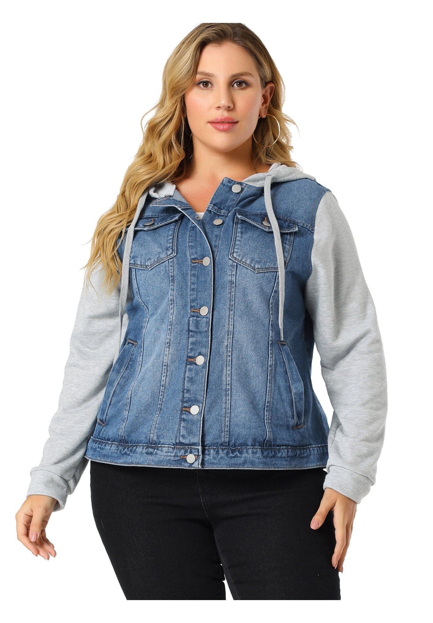 LAYERED DRAWSTRING HOODIE DENIM JEAN JACKET, Blue / Light Blue, alternate image number 3