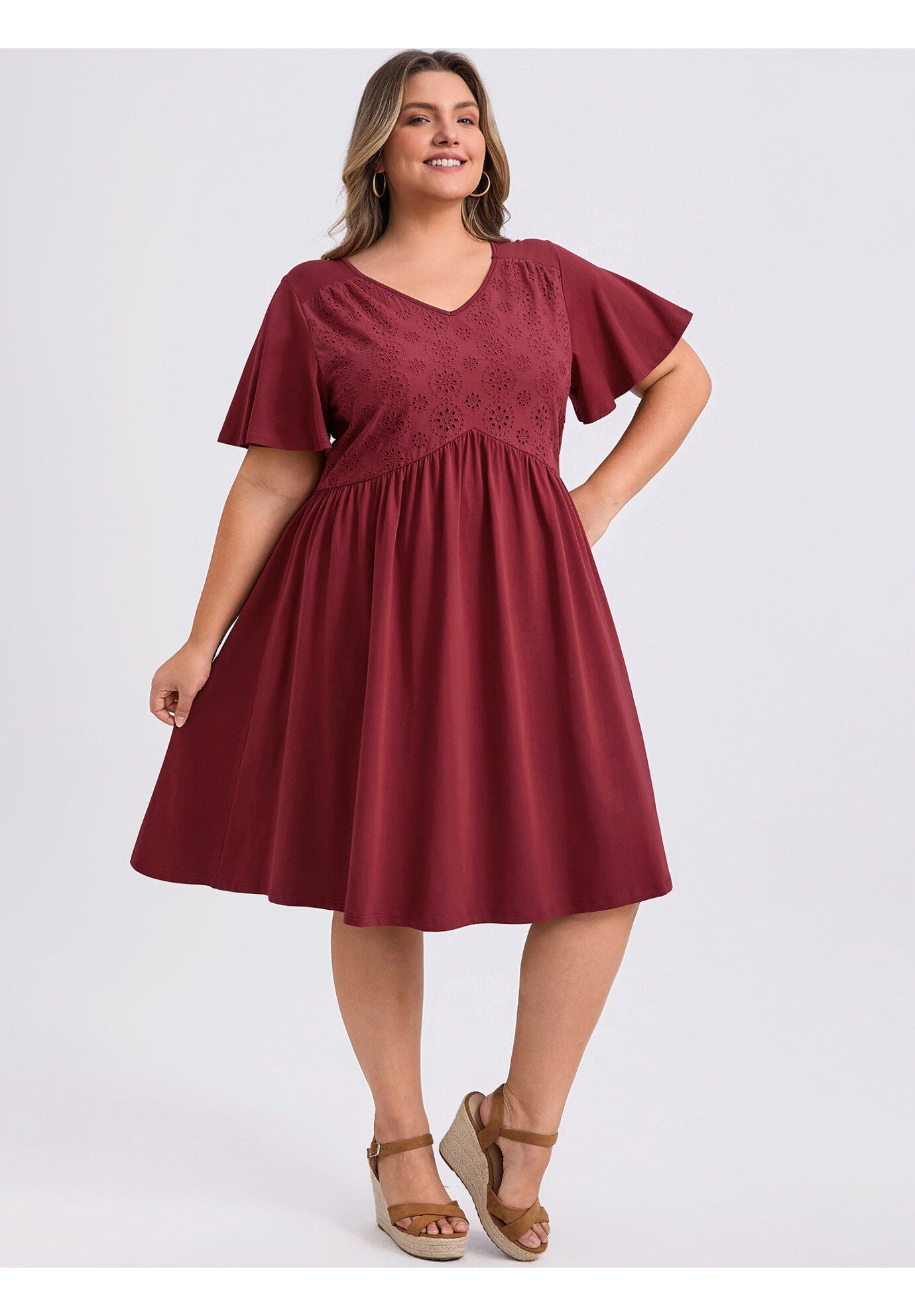 Summer V Neck Ruffle Sleeve Pleated Swing A-Line Dress, Burgundy / Burgundy, alternate image number 1