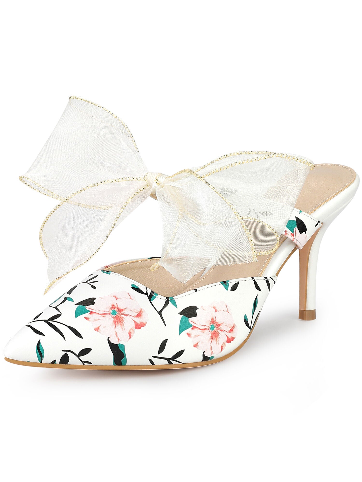 Pointed Toe Lace Bow Stiletto Heels Floral Mules, White / White, hi-res image number 0