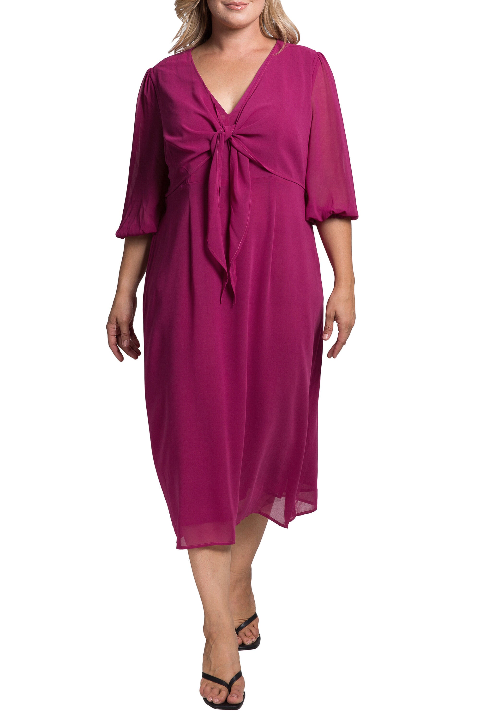 Standards & Practices Tie Front Puff Sleeves Midi Dress, PLUMPIE / Red, hi-res image number 0
