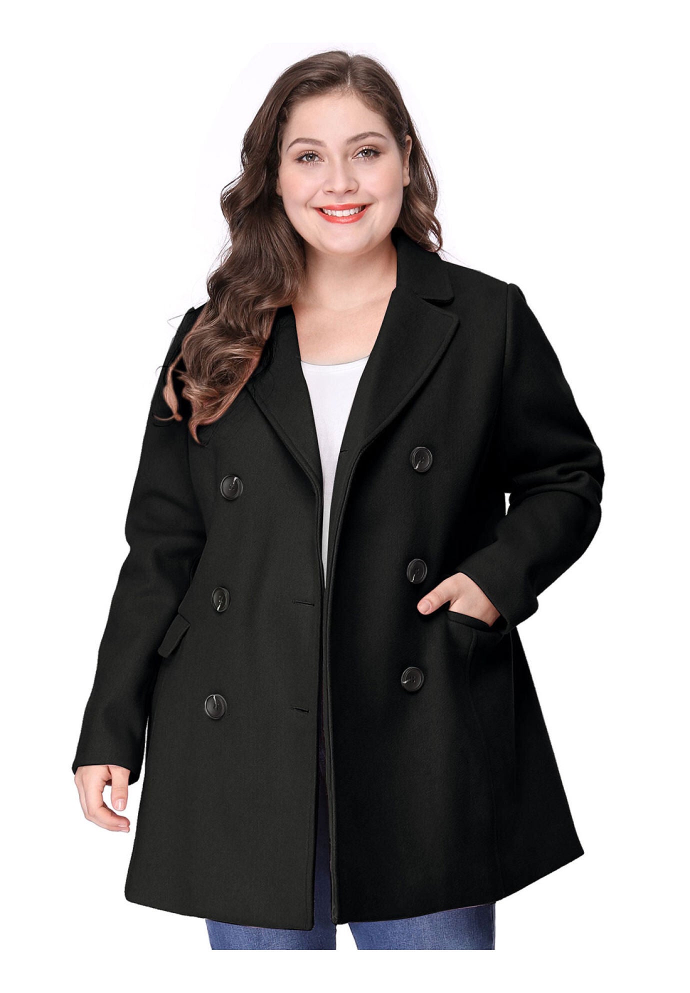 NOTCHED LAPEL DOUBLE BREASTED COAT, Black / Black, alternate image number 2