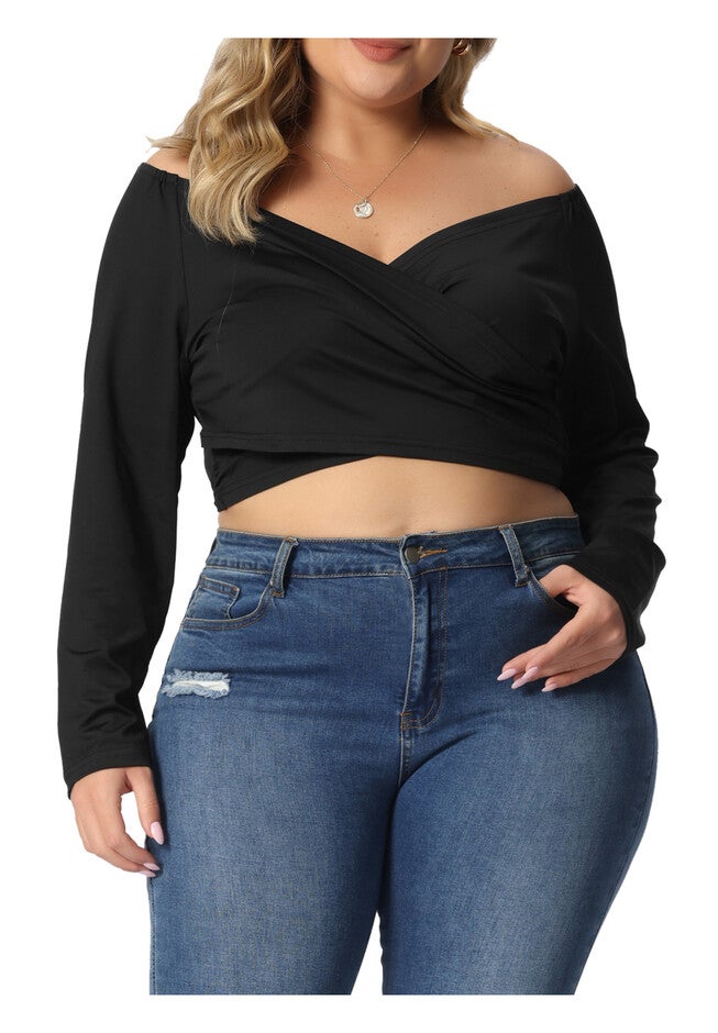 OFF SHOULDER LONG SLEEVE CROSS WRAP V NECK CROP TOP, Black / Black, alternate image number null