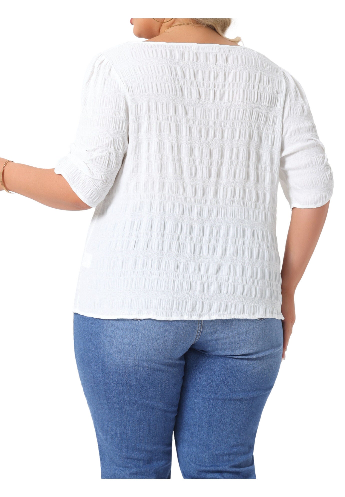 Pleated Notched Short Sleeve Casual Blouse, White / White, alternate image number 4