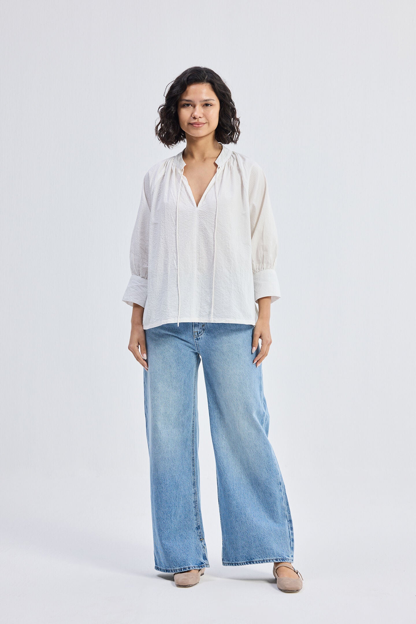 Relaxed Fit Top with Front-tie in Cream, Striped Horizon / White, alternate image number 3
