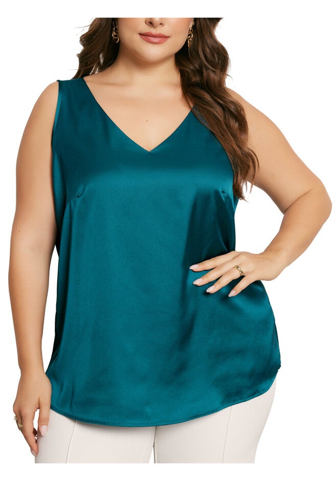 Satin Tank Top V Neck Casual Sleeveless Cami, Peacock Blue / Quetzal Green, alternate image number 2