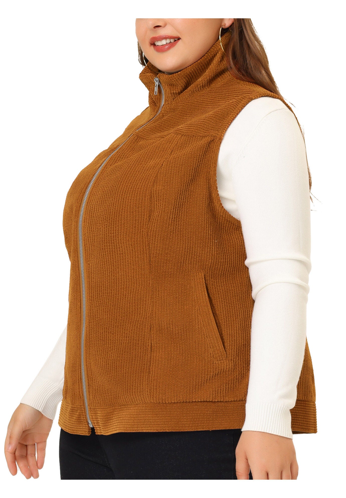 SLEEVELESS ZIPPER SIDE POCKET CORDUROY VEST, Caramel / Brown, alternate image number 1