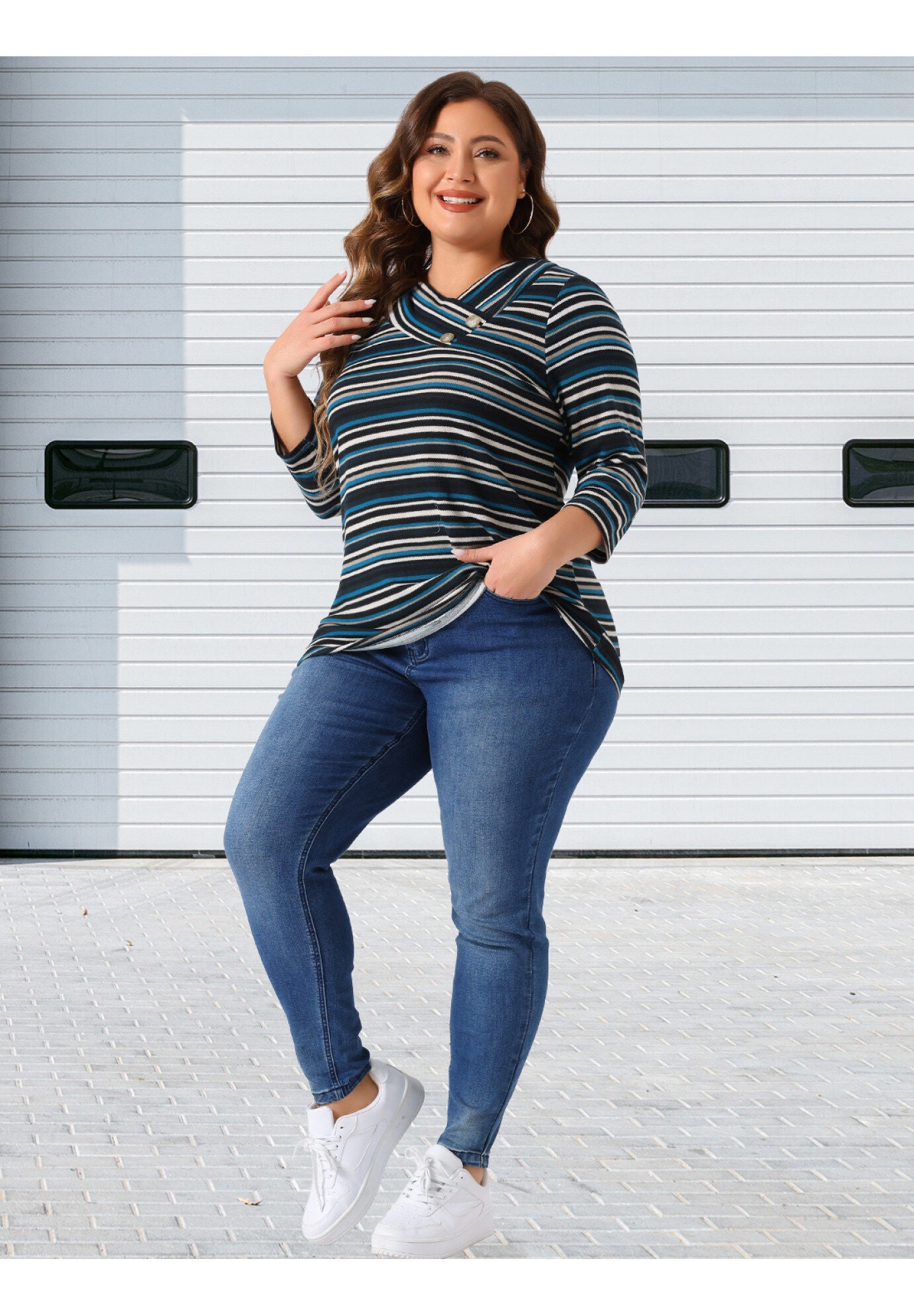 Stripe 3/4 Sleeve Tunic V Neck Knit Blouse, Blue Apricot / Navy, hi-res image number 0