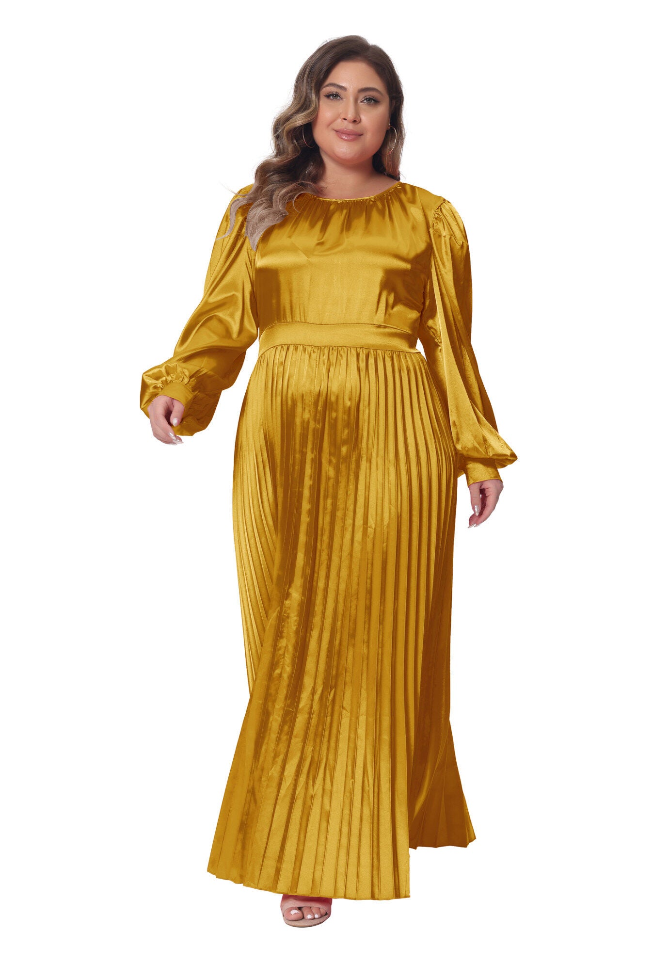 Lantern Long Sleeve Flowy Swing Pleated Maxi Dress, Gold / Gold, hi-res image number 0