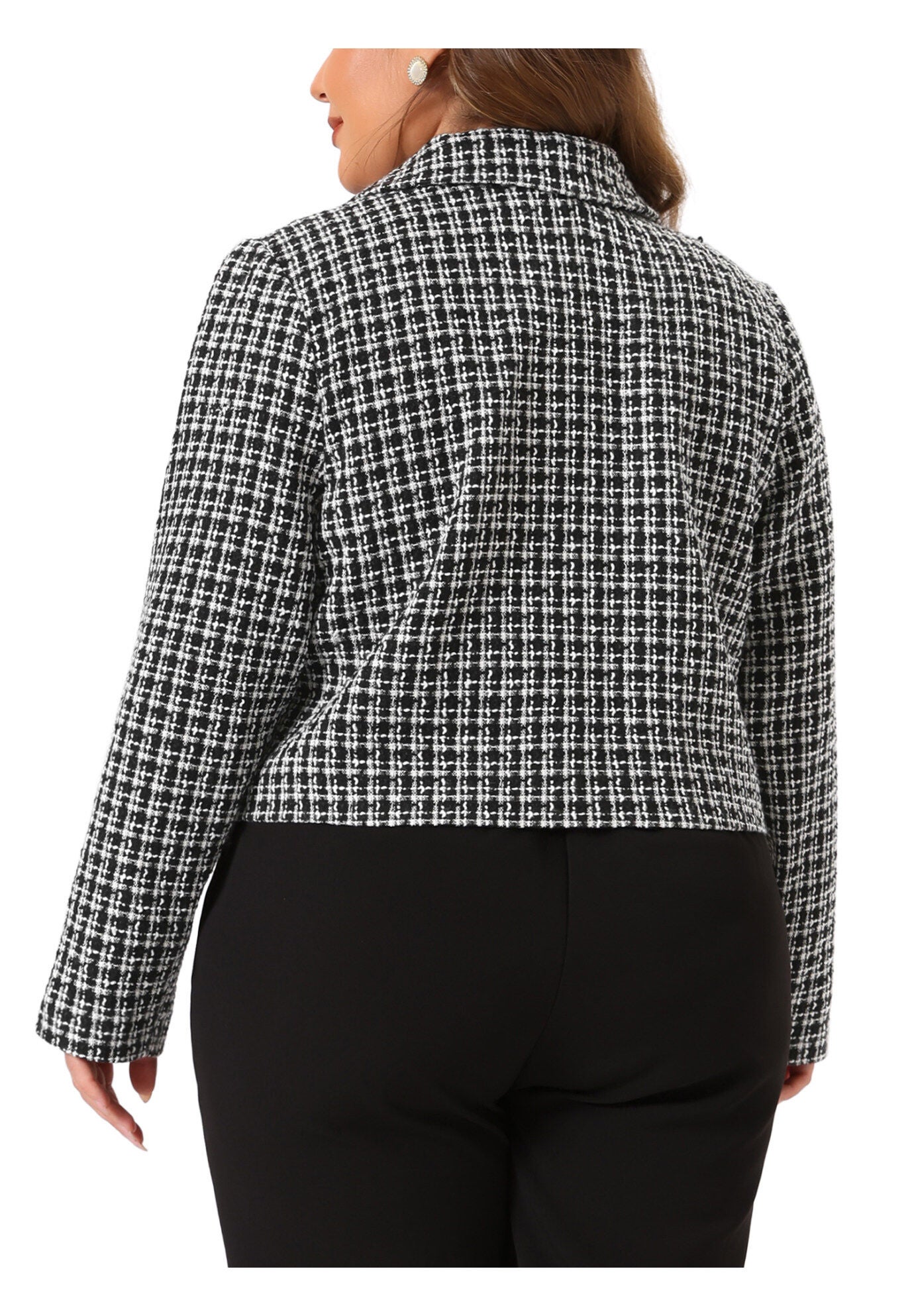 NOTCHED LAPEL CROP PLAID TWEED BLAZER, Black / Black, alternate image number 3