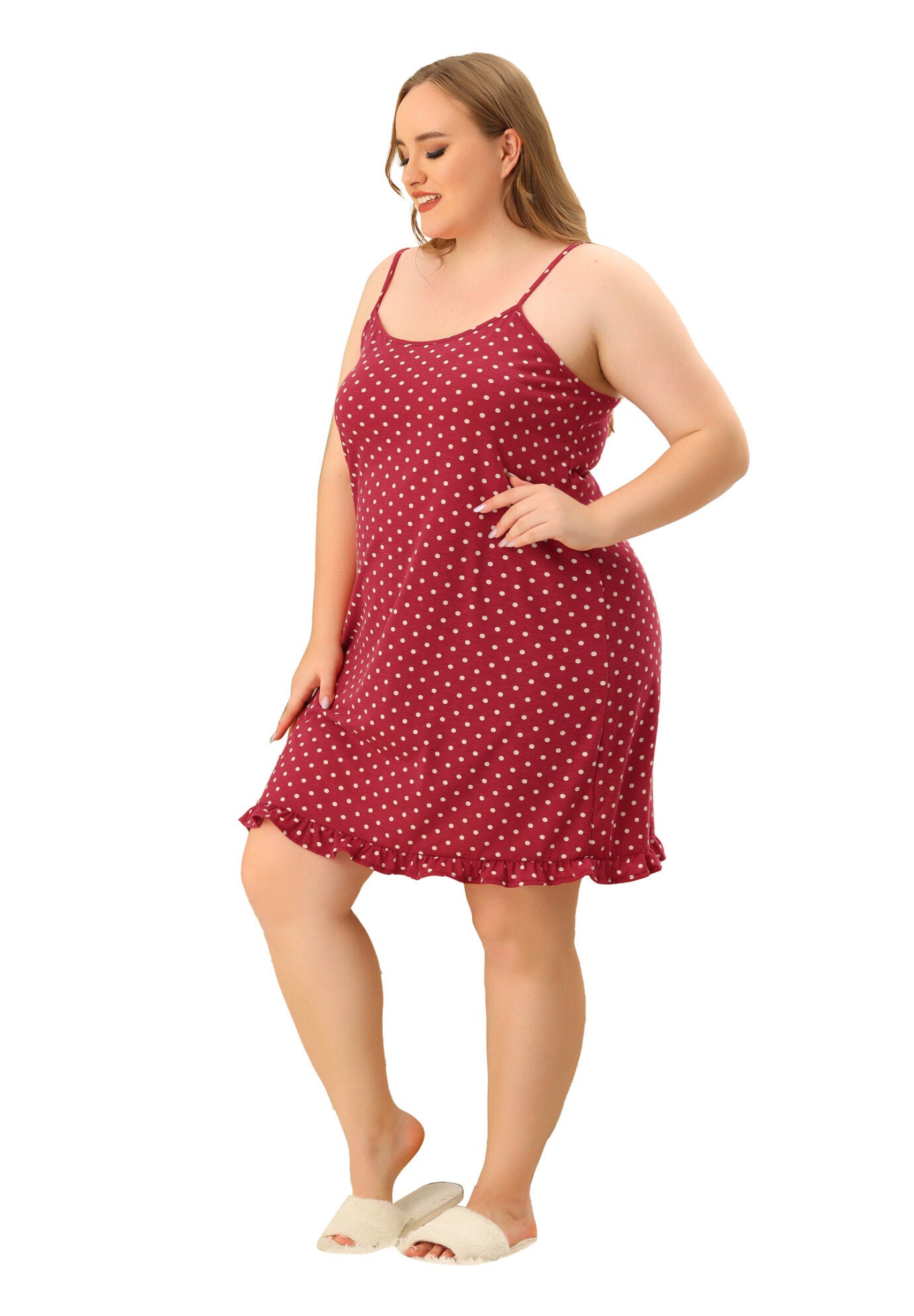Sleeveless Polka Dots Ruffle Hem Cami Sleepwear Dress, Burgundy / Burgundy, hi-res image number 0