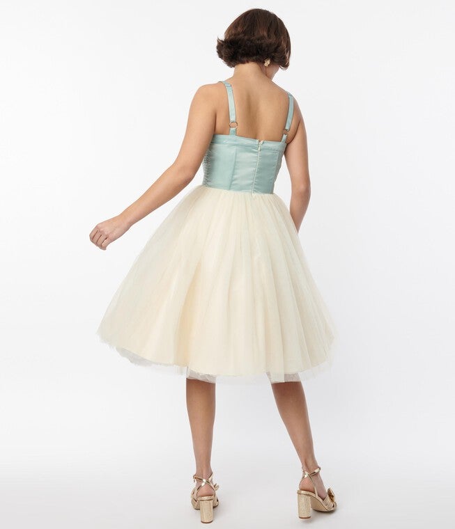 Unique Vintage Sage & Ivory Tulle Swing Dress, Green White / Ivory, alternate image number 4