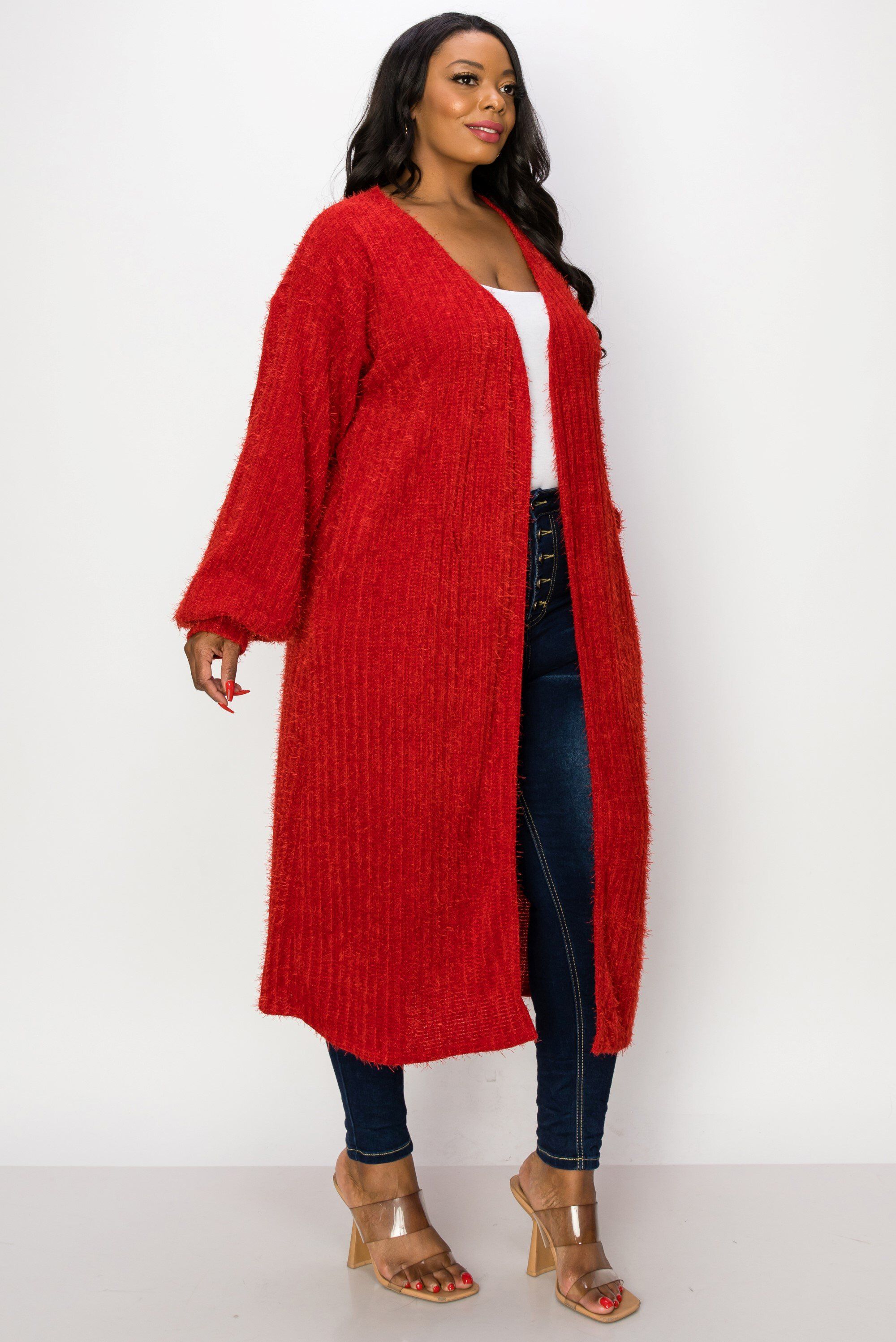 SERILDA FAUX FEATHER CARDIGAN, Red / Red, alternate image number 1