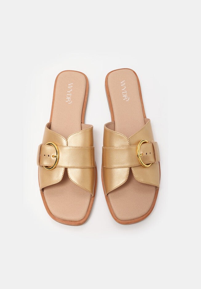 Marbella Buckle Flat Slides, Metallic Gold / Gold, alternate image number null