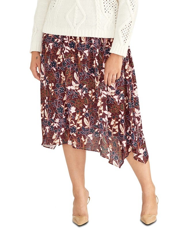Rachel Roy Women's Plus Eden Floral Handkerchief Hem Skirt Red Pink Size 1X, Pink / Pink, hi-res image number 0