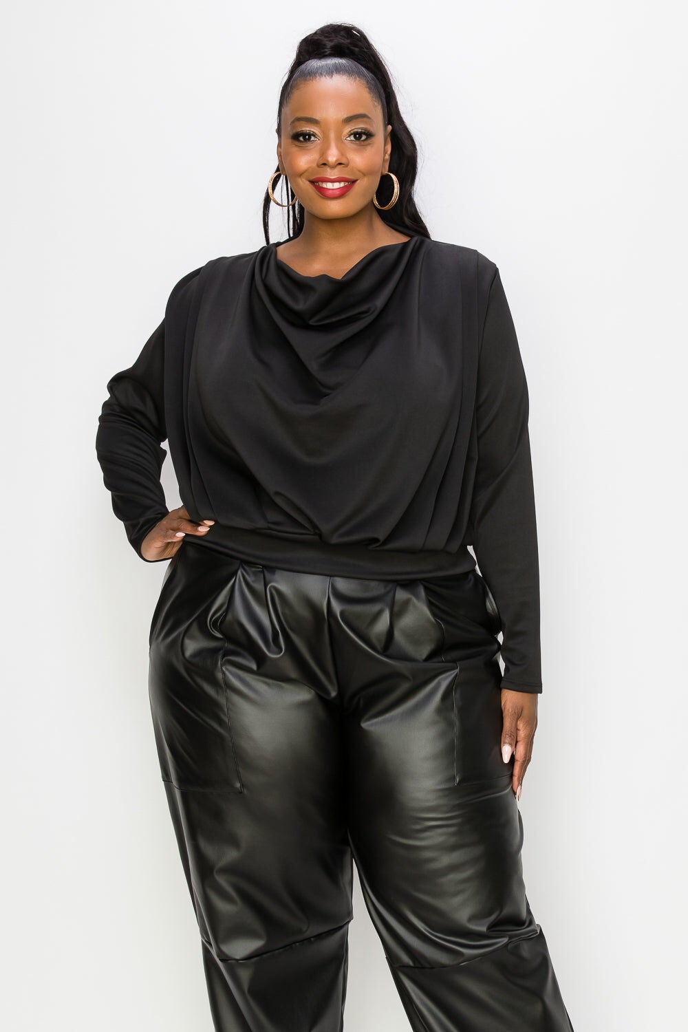 NOELLE COWL NECK TOP, Black / Black, alternate image number 3