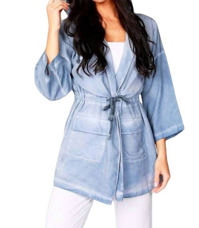 JENNIFER HOODED LONG TRENCH COAT IN DENIM, Denim / Light Blue, hi-res image number null