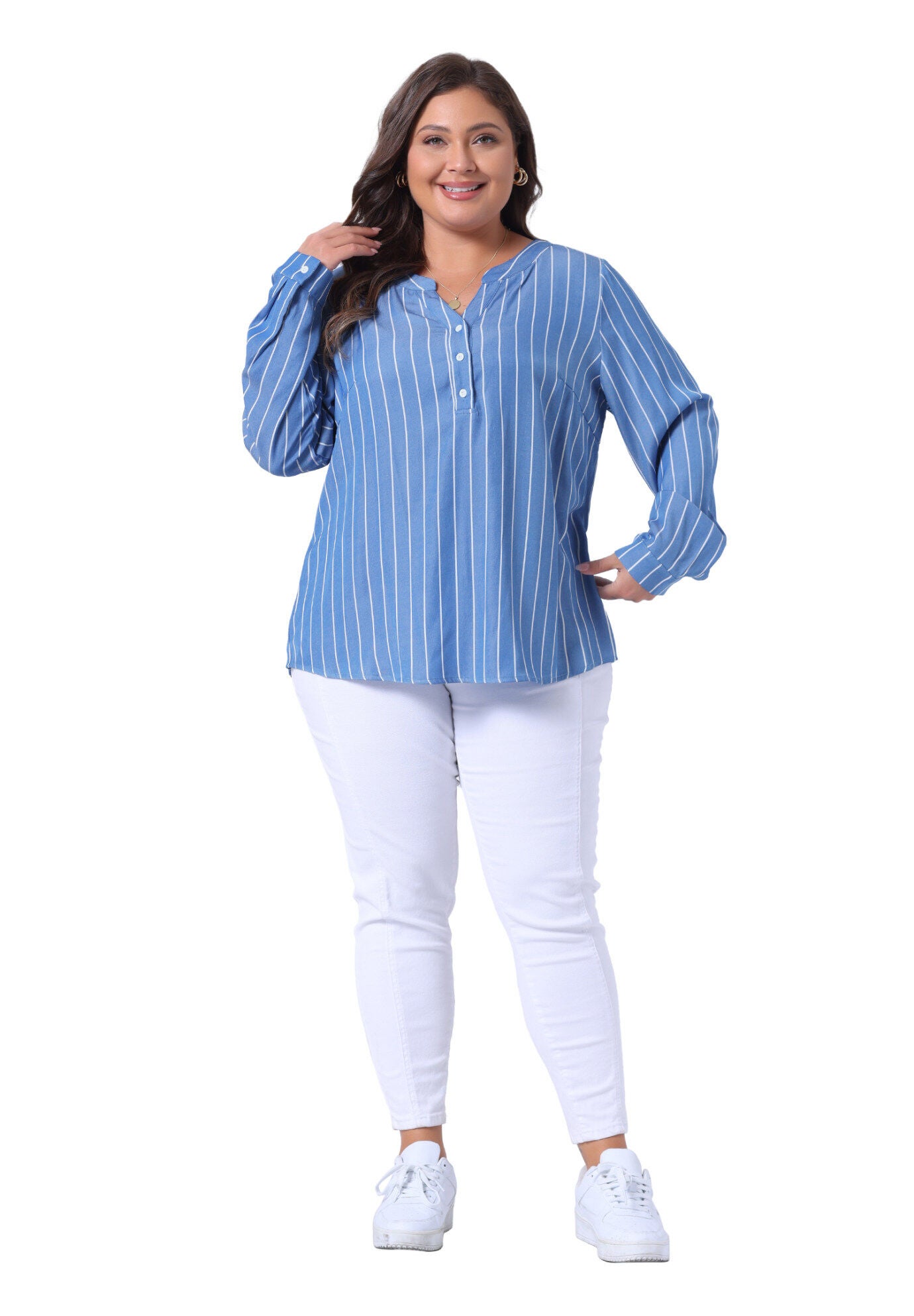 Long Sleeve Button Down Shirt Top, Blue / Light Blue, hi-res image number 0