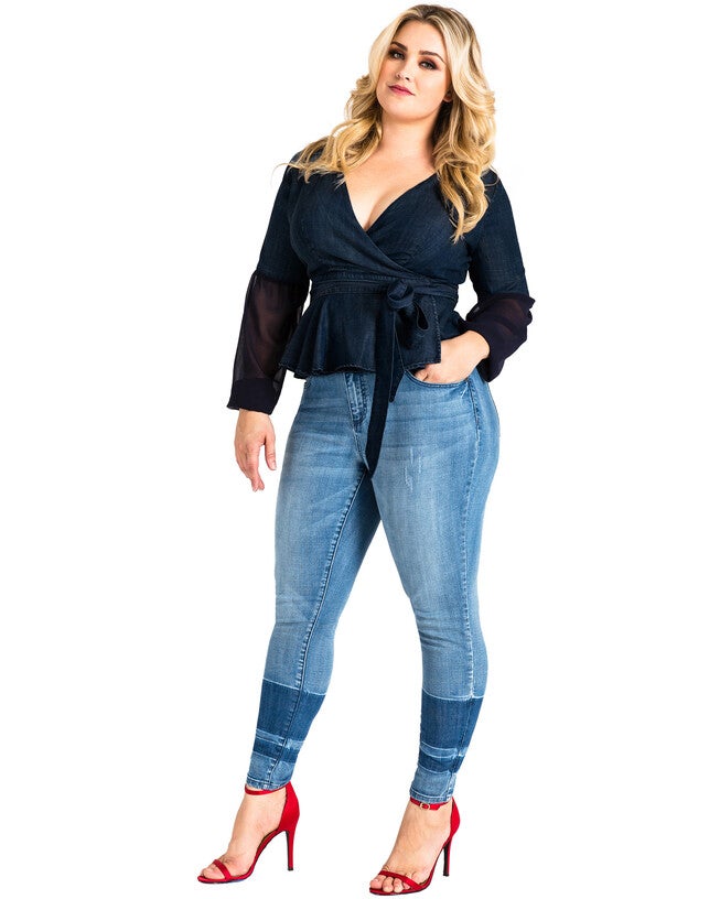 Plus Size Virginia Two-Tone Contrast Stripe Women's Skinny Jeans, Blue / Medium Wash, alternate image number null