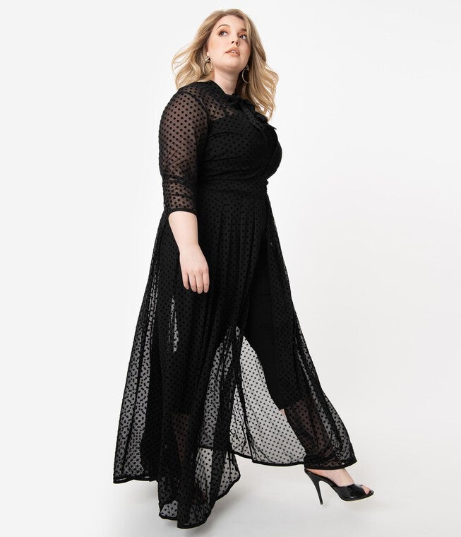 Unique Vintage Plus Size Black Swiss Dot Starlet Duster, Black Swiss Dot / Black, hi-res image number null