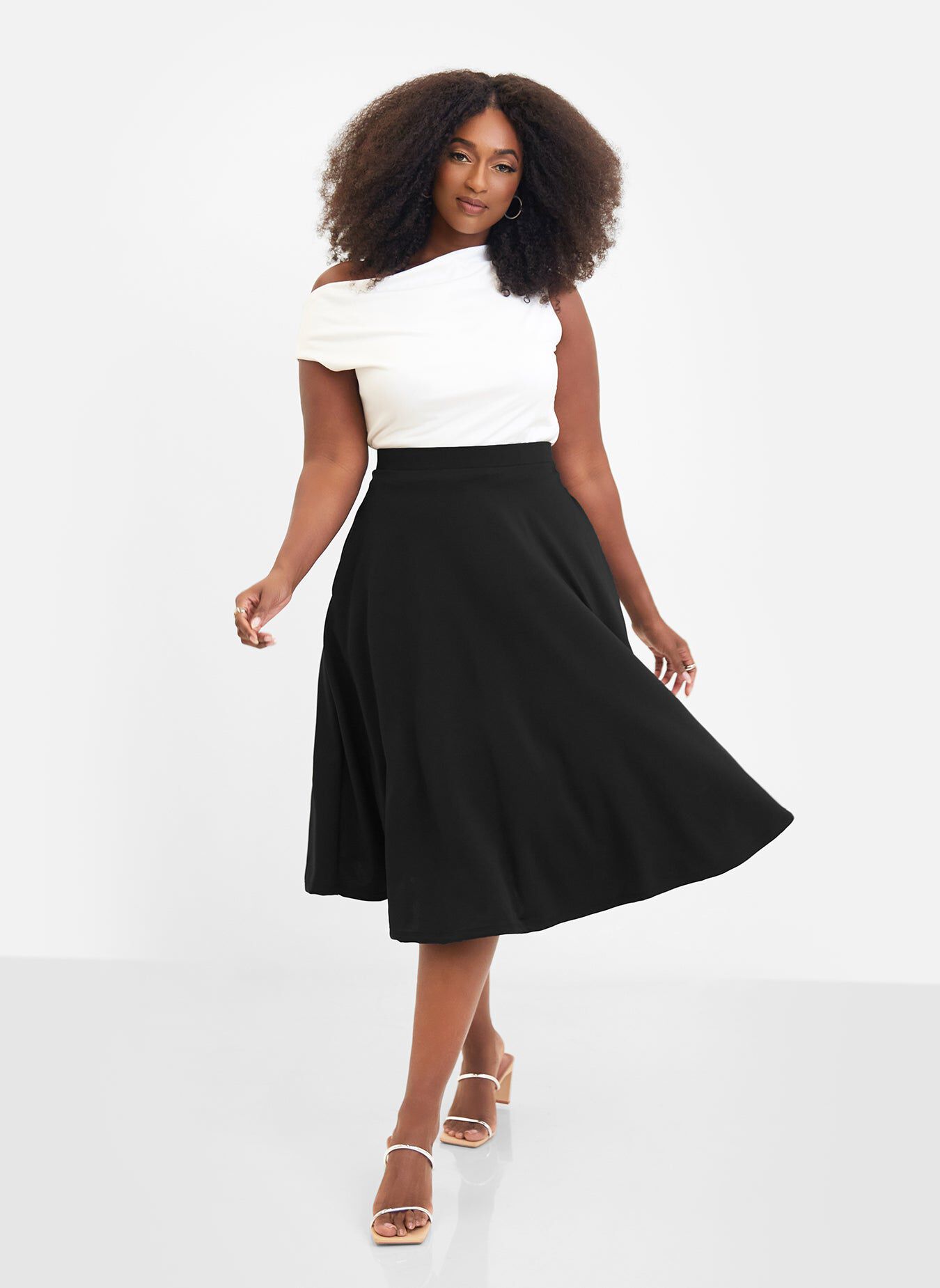 Essential Crepe Midi Skater Skirt, Black / Black, hi-res image number 0
