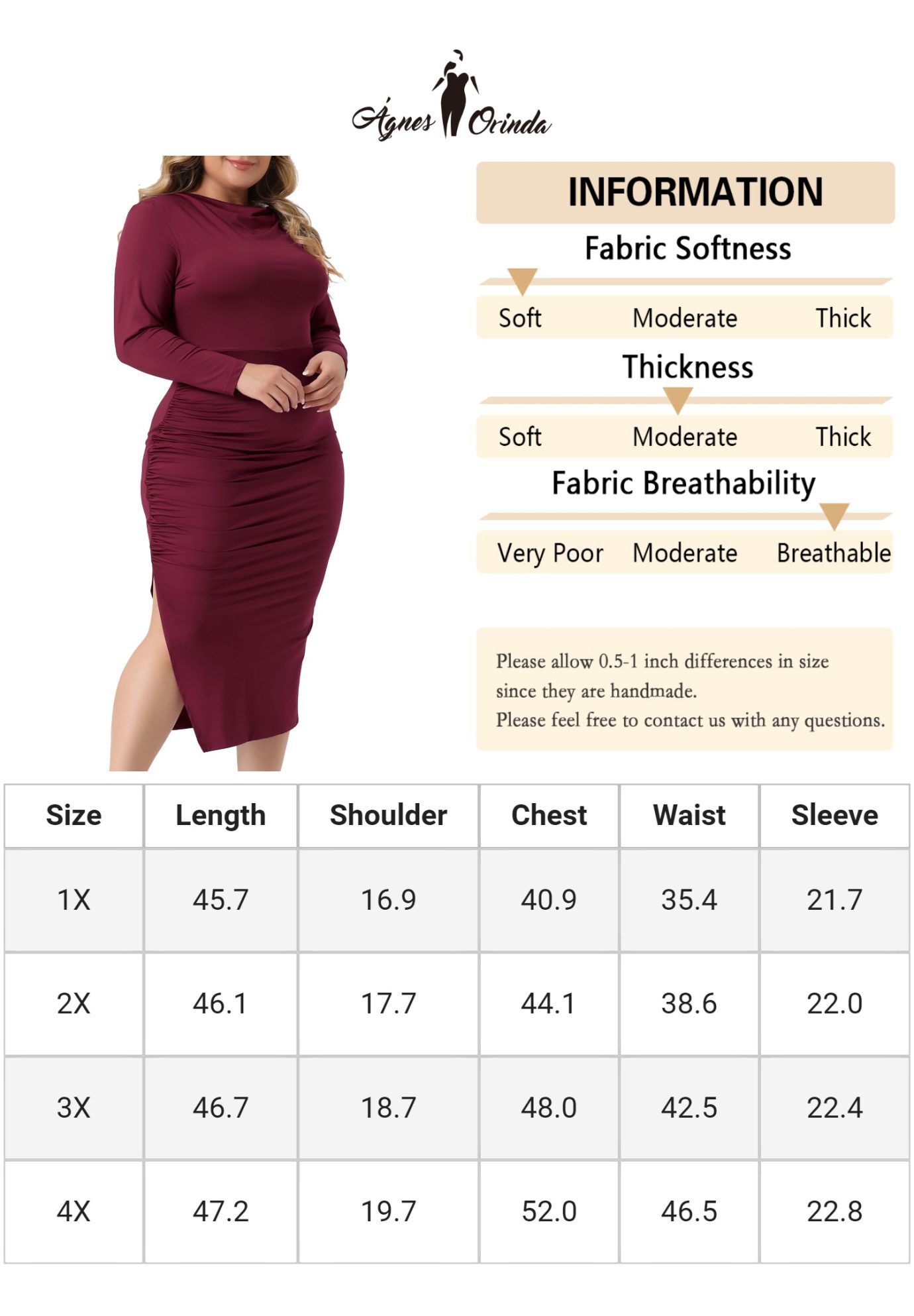 Long Sleeve Crew Neck Side Slit Ruched Bodycon Dress, Burgundy / Burgundy, alternate image number 4