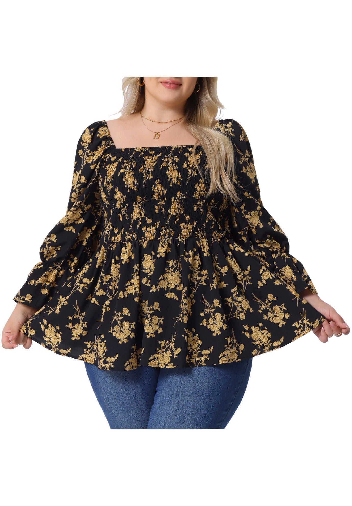 Floral Square Neck Smocked Peplum Blouses Shirts, Black / Black, alternate image number 1