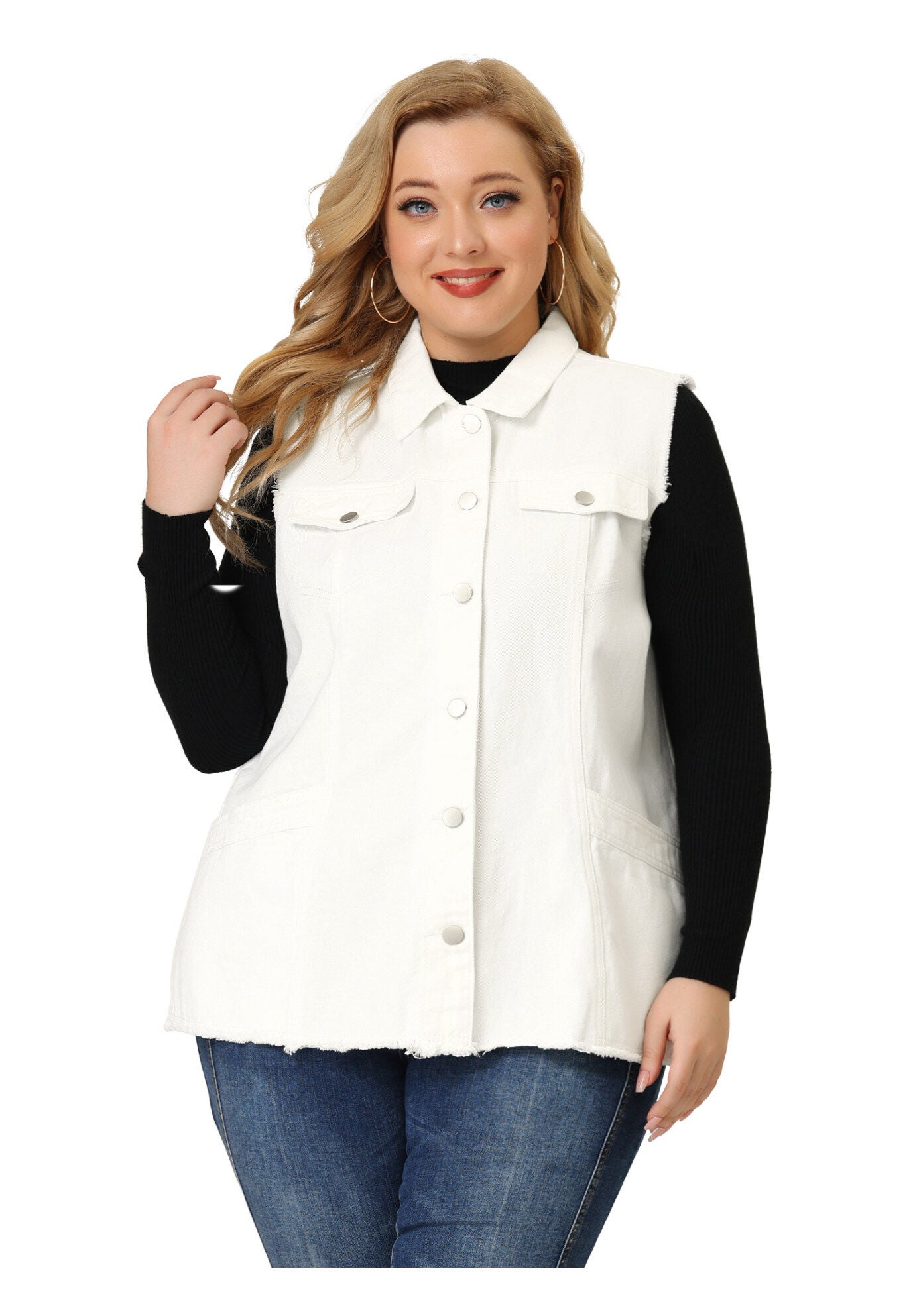 BUTTON FRONT LAPEL FRAYED WASHED SLEEVELESS LONG DENIM VEST, White / White, alternate image number 3